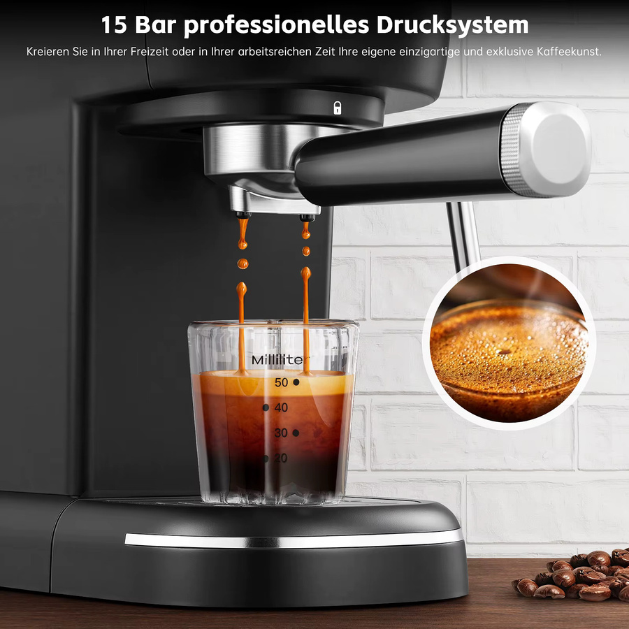 SNDOAS Espresso-Kaffeemaschine in Schwarz aus Edelstahl mit 1100 W, 15 Bar und abnehmbarem 1,2 l Wassertank - Bild 2