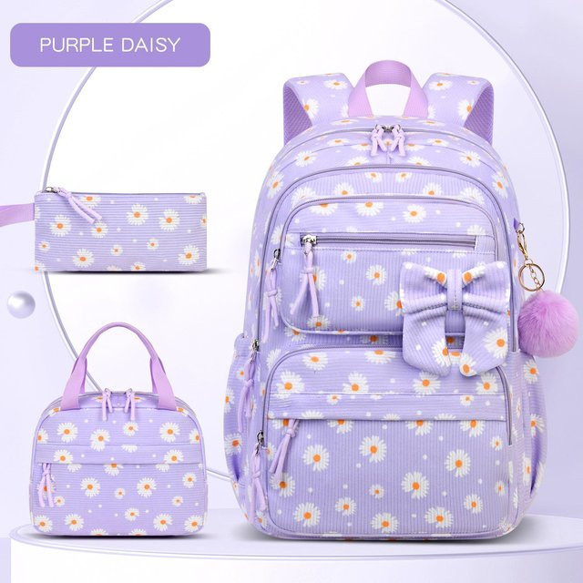 Fancy Style Studio Corduroy Schulranzen-Set für Teenager-Mädchen in Lila mit Schleifen-Patchwork und Rucksack sowie Büchertasche - Bild 1