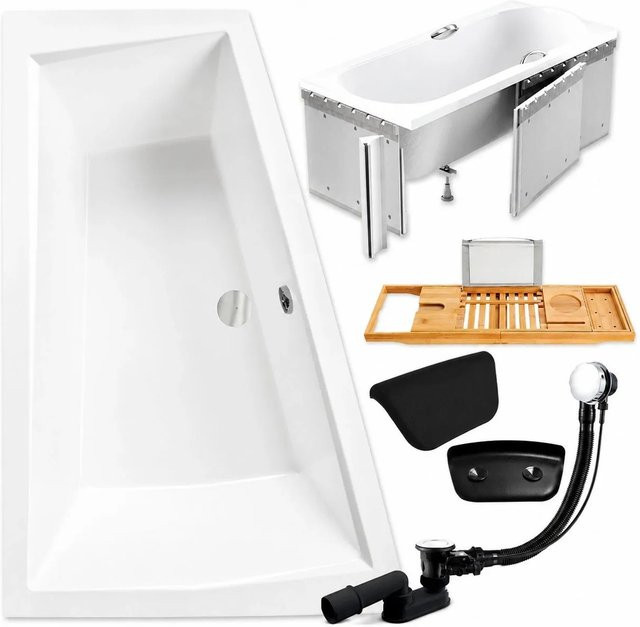 KOLMAN Eckbadewanne KODI links in Weiß mit Styroporverkleidung, Bambus-Badewannenablage, 2 Kopfstützen, Ablauf und Füßen, B/T: 180 x 125 cm - Bild 1