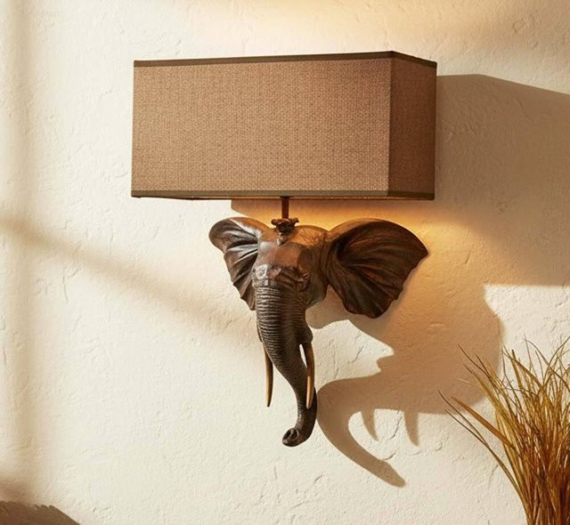 Wandleuchte Elefant Afrika Wandlampe im Safari- und Kolonialstil, Farbe: Antik-Braun/Beige, Material: Kunstharz und Stoff - Bild 1