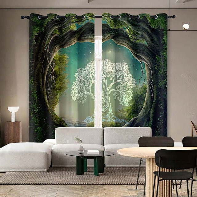 2er-Set Verdunkelungsvorhänge mit Sternenhimmel-Motiv in Grau und Grün, B: 150 cm, H: 166 cm - Bild 1
