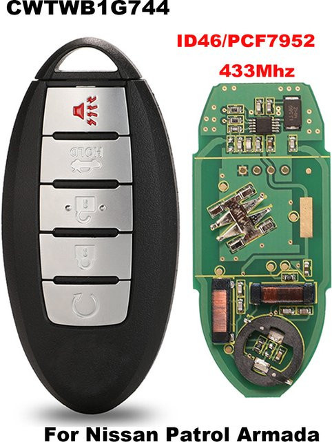 Jingyuqin Smart Remote Auto Schlüssel für Nissan Patrol Armada, 5 Tasten, 433MHz, ID46 PCF7952 Chip, Schwarz - Bild 1