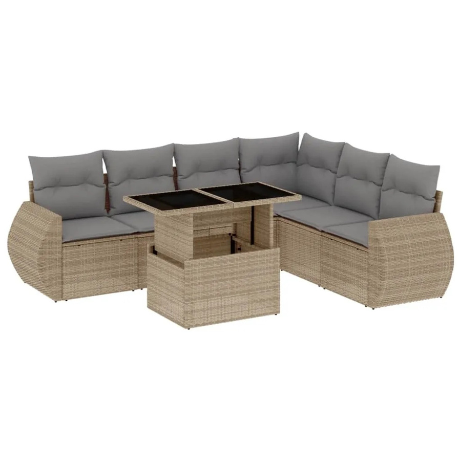 vidaXL 7-tlg. Garten-Sofagarnitur in L-Form aus Poly-Rattan mit Kissen in Beige-Grau - Bild 2