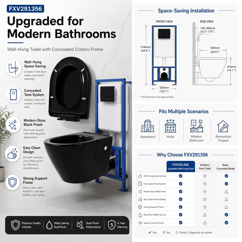Wandhängende Toilette aus schwarzer Keramik mit verdecktem Spülkasten - Bild 5