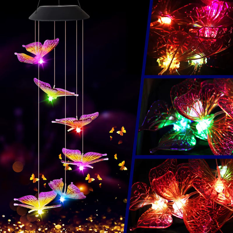 Mehrfarbiges Schmetterlings-Solar-Windspiel mit Glocke und wasserdichter LED-Beleuchtung für Garten und Hof - Bild 2