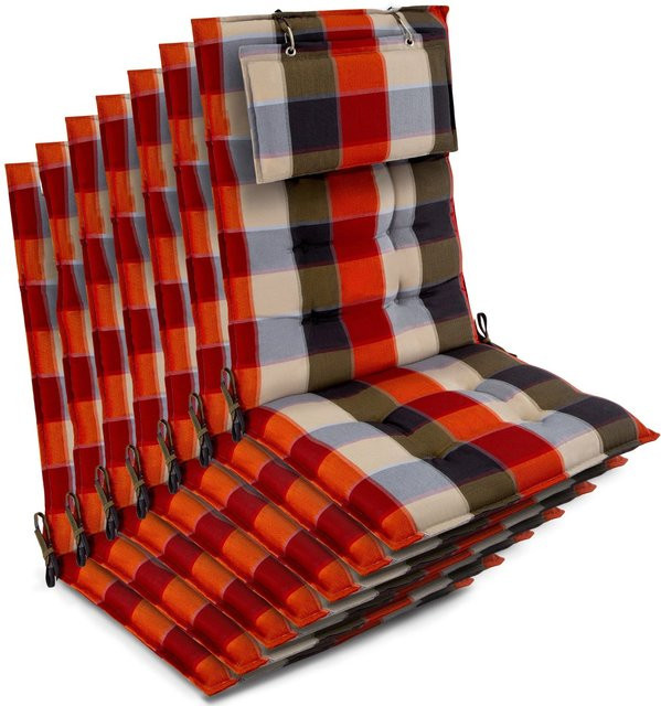 Beautissu 7er Set Sun-HL Hochlehner Auflagen aus Schaumstoff, Farbe Orange-Beige-Kariert, B/T/H: 120 x 50 x 8 cm - Bild 1