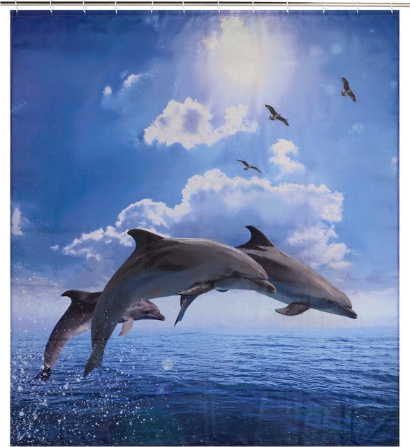 LIVARNO Duschvorhang mit Delfin-Motiv in Blau, B: 180 cm, H: 200 cm - Bild 1