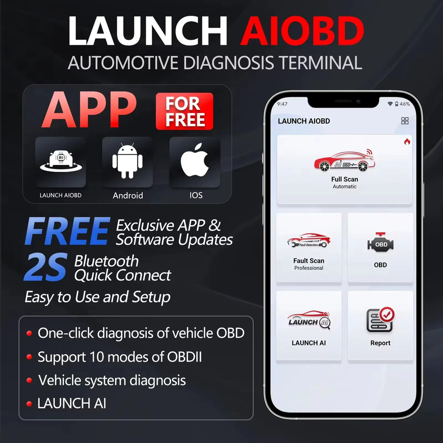 LAUNCH AIOBD Bluetooth OBD2 Diagnosegerät für Automobile mit Vollsystem-Funktion, kompatibel mit Android und iOS, Schwarz - Bild 2