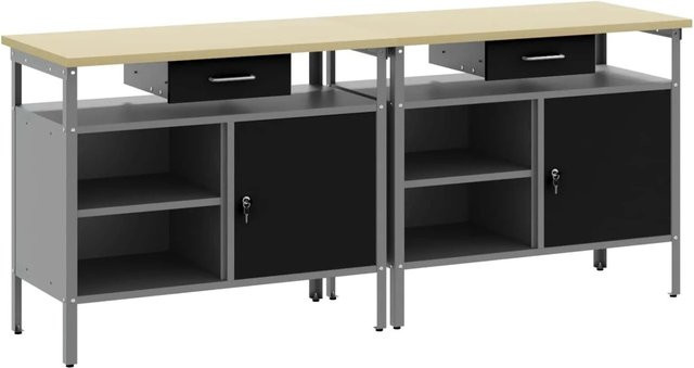 vidaXL Werkbank-Set mit Regal und Pegboard aus Stahl, 2-teilig, Schwarz und Grau, B/T/H: 200 x 55 x 85 cm - Bild 1