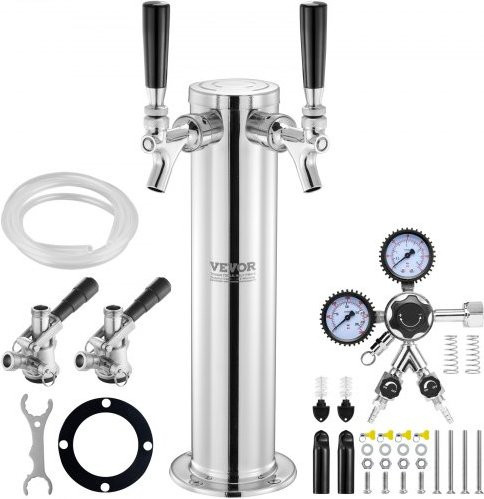 VEVOR Bierspender Bierturm aus Edelstahl mit zwei Zapfhähnen, Doppelmessgerät, W21.8-Regler und S-System-Fasskupplung, Farbe: Silber, B/T/H: 43,5 x 17,5 x 11,5 cm - Bild 1
