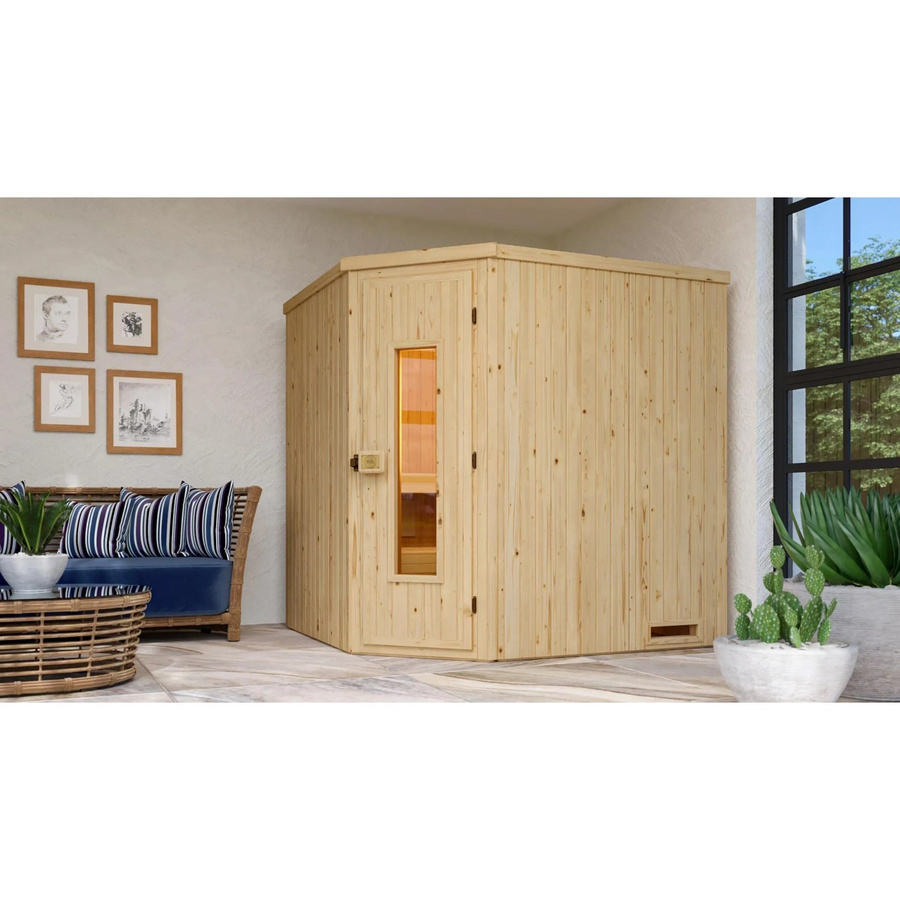 Weka Ecksauna Varberg 2 in Beige mit 7,5 kW Sparset und Holztür, B/H/T: 194 x 199 x 177 cm - Bild 2