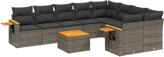 vidaXL 10-tlg. Garten-Sofagarnitur aus Poly-Rattan und Akazienholz in Grau mit Kissen - Bild 1
