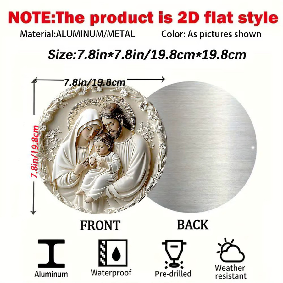 Potdemiel Wandkunst Heilige Familie – Runde Metallplakette aus Aluminium mit floralem Relief-Design, Durchmesser: 19,81 cm - Bild 2