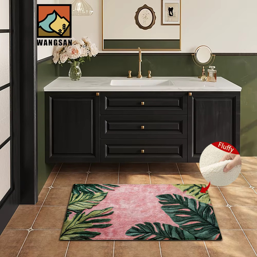 VIKAMA Teppich mit grünem Blattmuster in Rosa und Grün, weiche und saugfähige Fußmatte für Badezimmer, Schlafzimmer oder Wohnzimmer, B/T: 60 x 40 cm - Bild 3