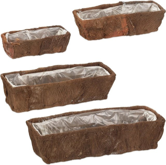 Relaxdays Blumenkasten 4er Set aus Tannenholz mit Kokosfaser und PE-Auskleidung in Braun, rustikal und länglich - Bild 1