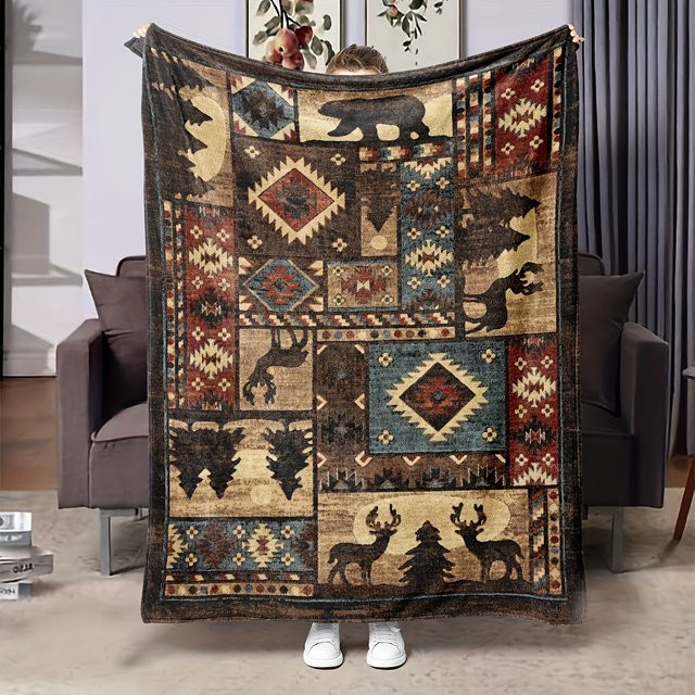 VIKAMA Retro-Flanell-Decke mit Tierprint in Braun, weiche Sofadecke aus Polyester für dein Schlafzimmer - Bild 1