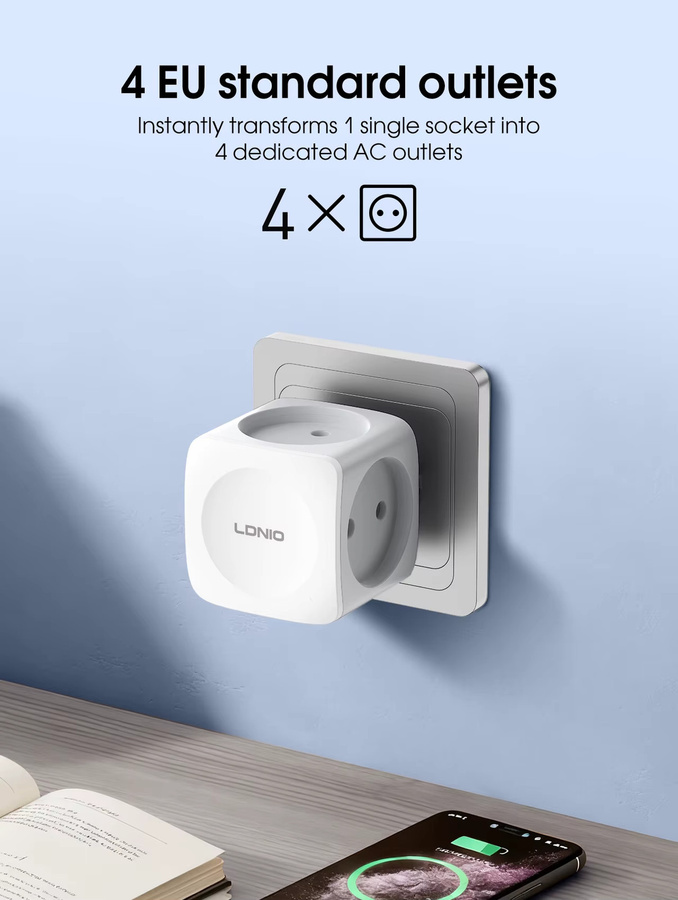LDNIO Stromwürfel mit 4 EU-Steckdosen, erweiterbare Steckdosenleiste ohne Kabel, 3680 W, Farbe: Weiß - Bild 2