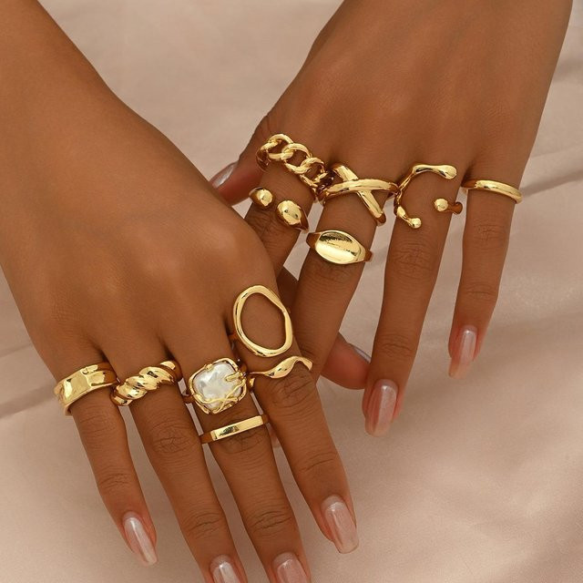 12-teiliges Set Ringe, Geometrisch, Legierung, braun, Damen - Bild 1