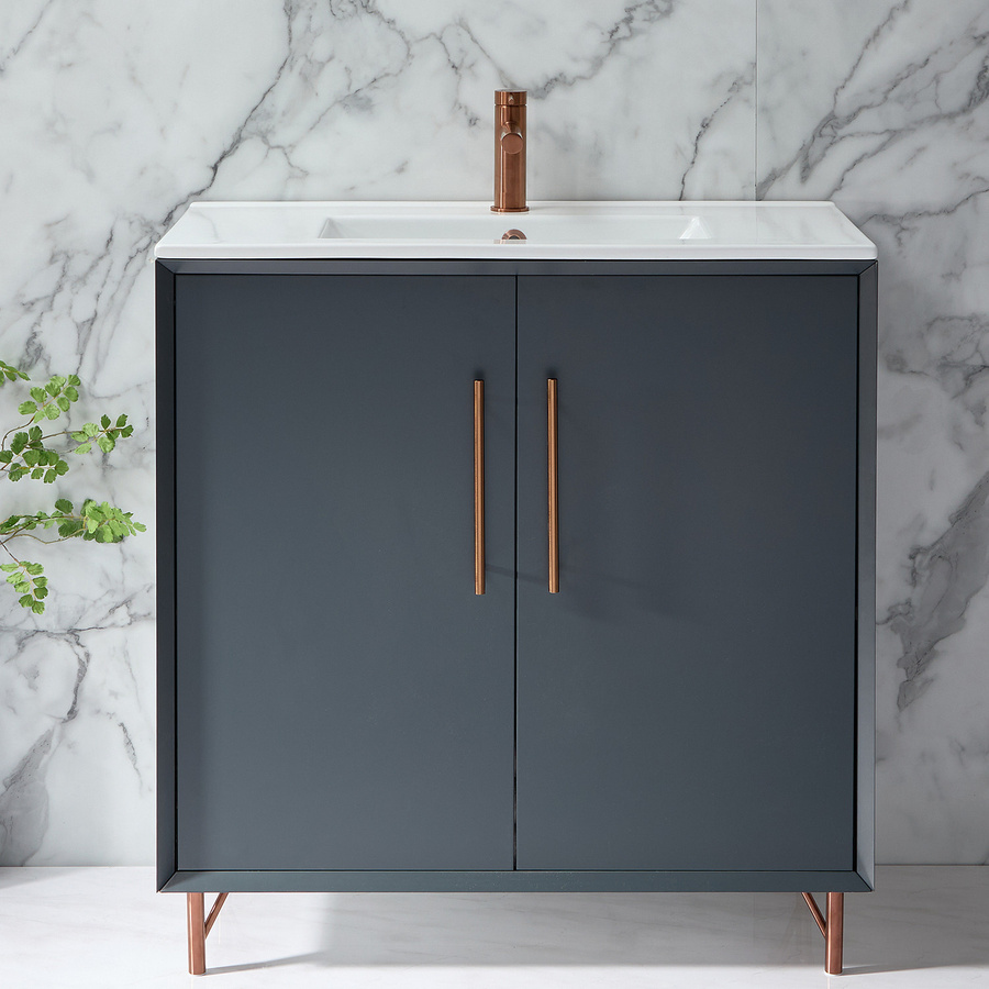 Waschtischunterschrank mit Waschbecken HudsonReed Edge in Anthrazit mit Kupfergriffen und Soft-Close-Türen, Breite: 81 cm - Bild 1