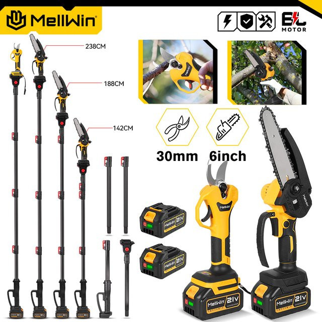 MELLWIN 3-in-1 Gartenwerkzeug-Set mit bürsterloser 6-Zoll-Kettensäge und 30-mm-Gartenschere inklusive 2 m Teleskopstange für Makita 18V Akku - Bild 1