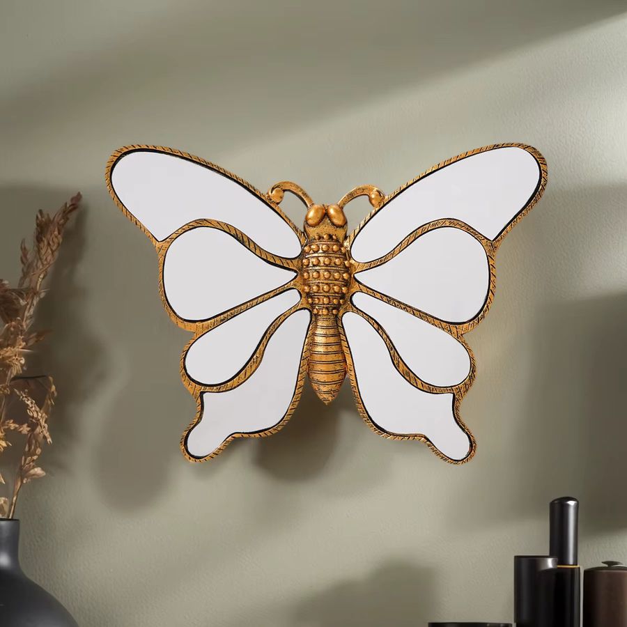 Retro Achtseitiger Wandspiegel in Schmetterlingsform aus Harz in Gold, B: 21,84 cm, H: 30,48 cm - Bild 3