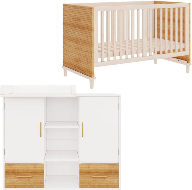 Merax Wickeltisch Set mit Gitterbett aus Massivholz Kiefer in Natur, skandinavisches Design, B/T/H: 114 x 53 x 92 cm - Bild 1