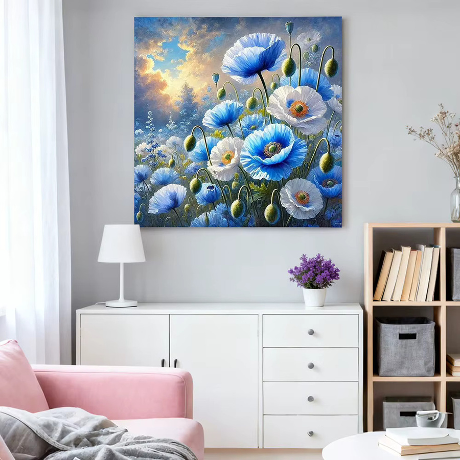 HUACAN Diamond Painting Set Mohnblumen Blumenfeld Landschaft 5D DIY Wandbild in Rot und Blau - Bild 3