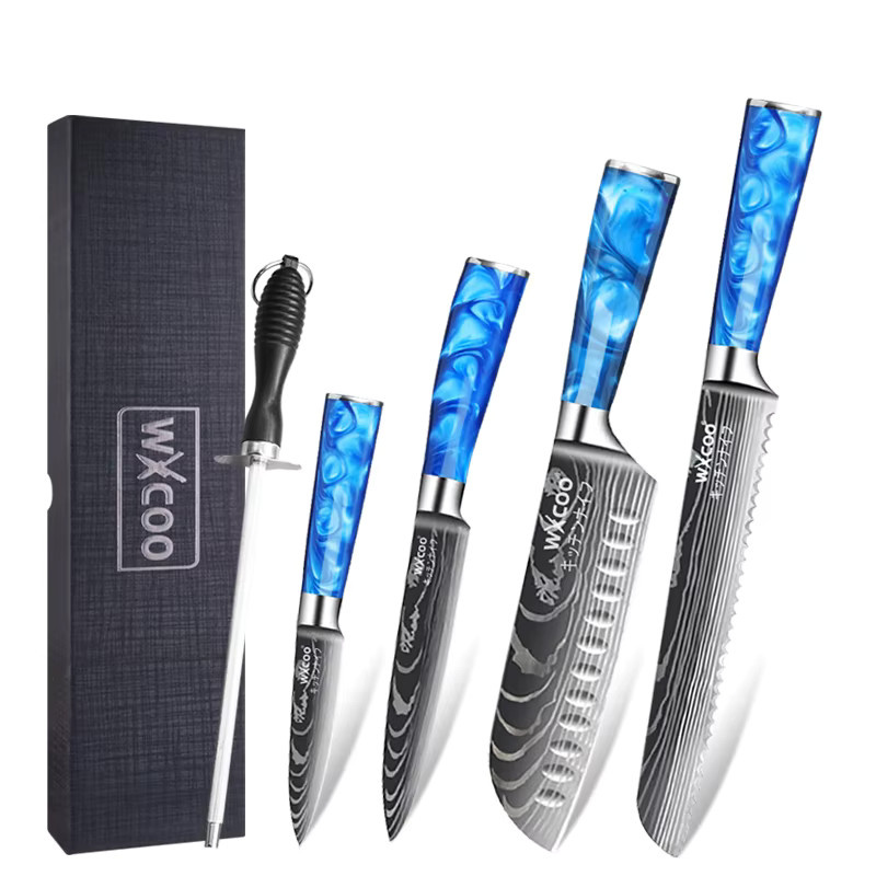 WXCOO Professionelles Japanisches Santoku-Küchenmesser mit Damaszener-Muster und blauem Kunstharzgriff - Bild 6