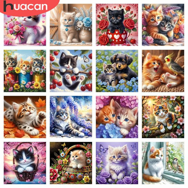 HUACAN Diamant-Mosaik 5D DIY-Set mit Katze und Blumen in Pink und Multicolour, 30 x 30 cm - Bild 1
