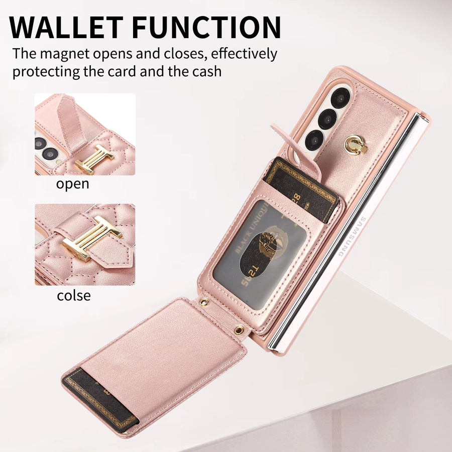 Samsung Folio Handyhülle für Galaxy Z Fold mit Handgelenkschlaufe, Leder-Kartenhalter und Brieftaschenfunktion in Gold oder Pink - Bild 2