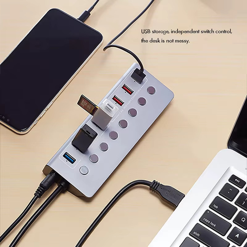 MOSHOU 7in1 USB-Hub 3.0 mit LED-Anzeige und individuellen Schaltern, USB-Adapter in Silber - Bild 2