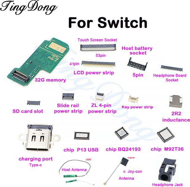 TingDong Ersatz-Motherboard für Nintendo Switch mit USB-C Ladeanschluss, 32G Speicher, LCD-Bildschirm und FPC-Anschluss - Bild 1