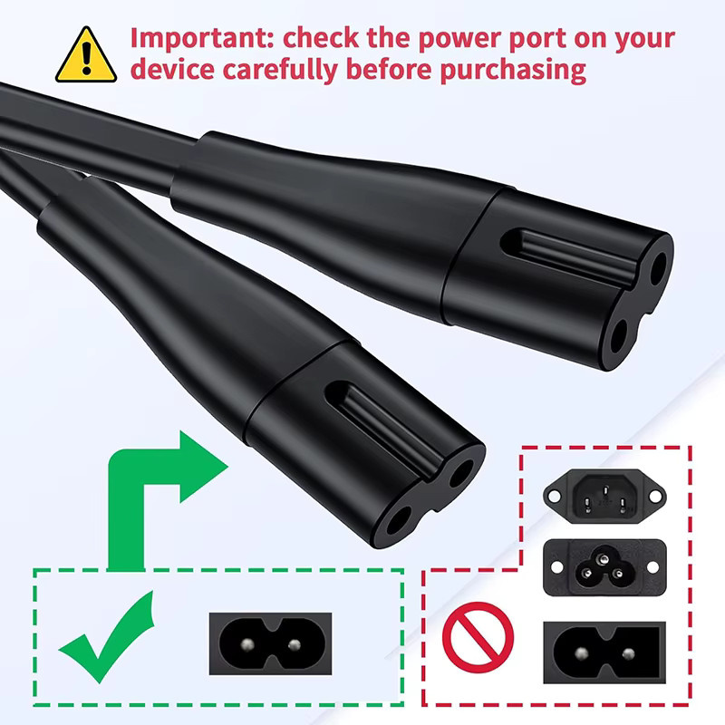 VBDWRM AC-Netzkabel 2-polig EU USA Stromkabel Abbildung 8 IEC 320-C7 in Schwarz für TV, Laptop, Drucker, Scanner, Xbox und PS5 - Bild 3