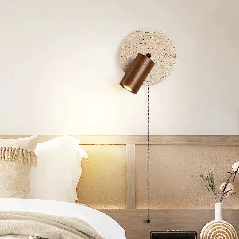 Pumous LED Wandlampe aus Stein und Holz in Walnuss Braun mit Zugschalter und warmweißem Licht für das Schlafzimmer - Bild 2