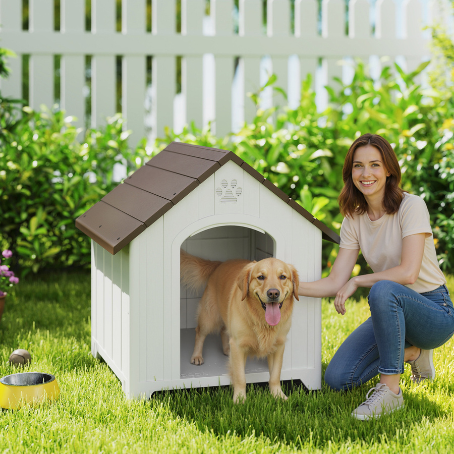 PawHut Hundehütte für draußen aus wetterfestem Kunststoff in Dunkelbraun mit Holzmaserungsoptik, B/T/H: 88 x 79 x 89 cm - Bild 2