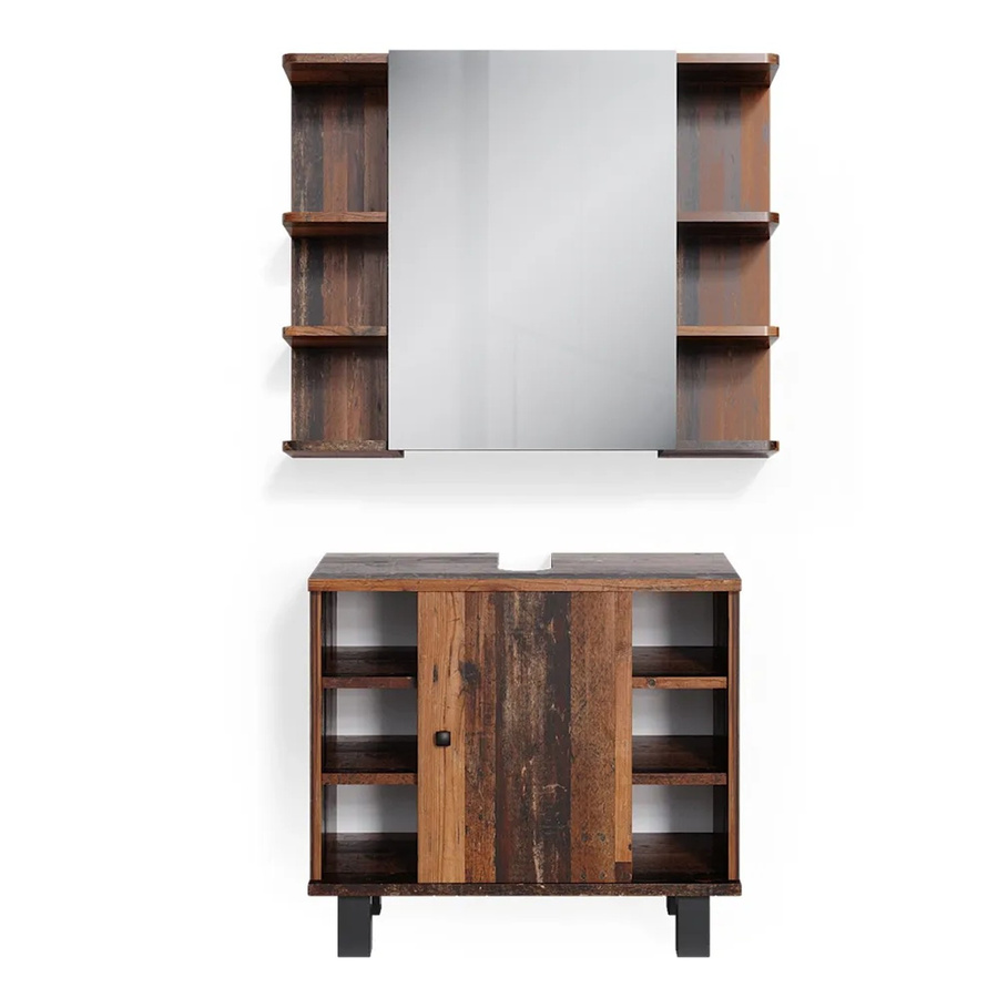 Vicco Badmöbelset Fynn Old Style in Eiche Rustikal, 2-teilig mit Waschtischunterschrank und Spiegelschrank, Farbe: Braun, B/T/H: 60,0 x 32,0 x 54,0 cm und 31,8 x 32,0 x 76,7 cm - Bild 3