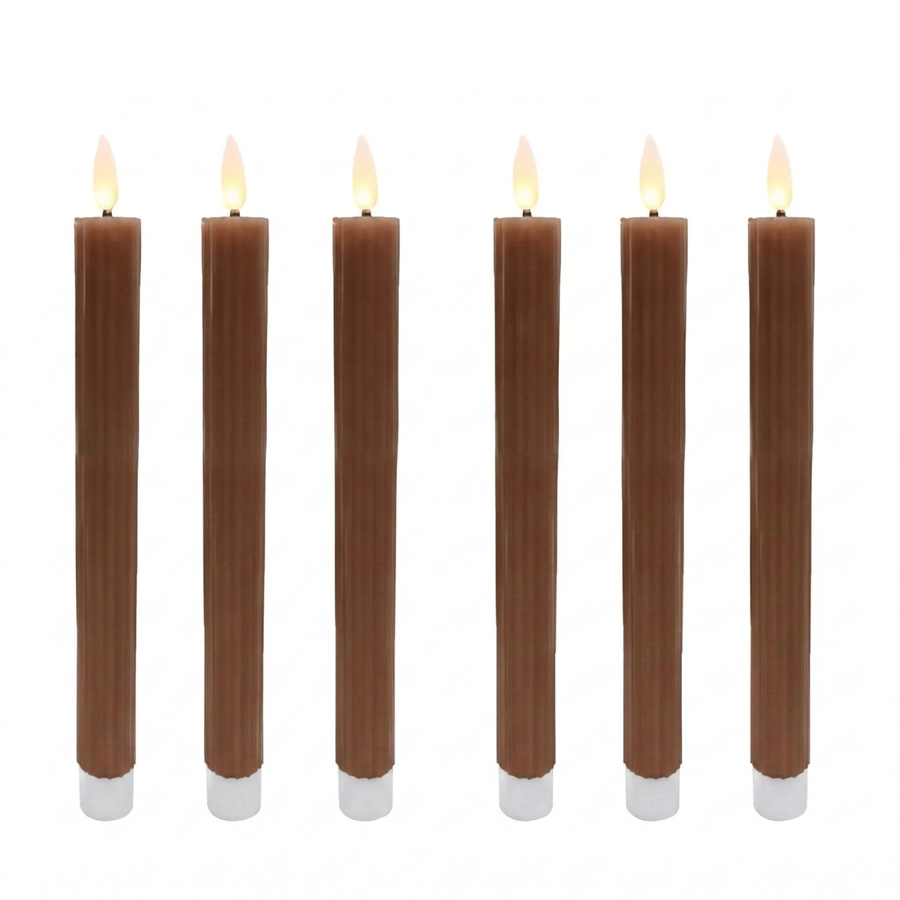 Relaxdays LED Stabkerzen 6er Set aus Echtwachs in Coffee mit Flackerndem Flammenlos-Effekt und Rillen-Design, Höhe: 25 cm, Durchmesser: 2 cm - Bild 2