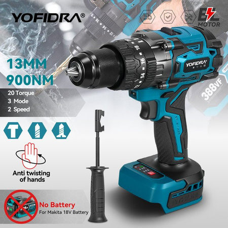 YOFIDRA Bürstenlose elektrische Schlagbohrmaschine mit 900 N.m Drehmoment und 20 + 3 Modi, Handheld Bohrer und Schraubendreher, kompatibel mit Makita Akku-Pin