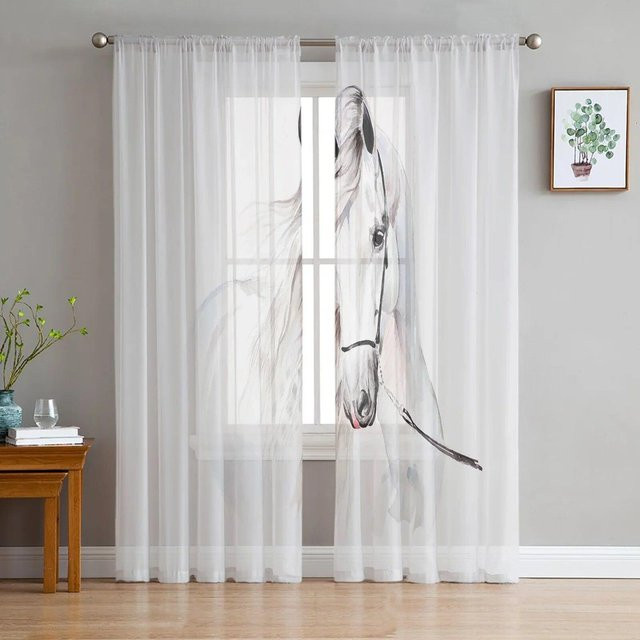 Transparenter Voile-Hängevorhang von A Family Of Home Textiles mit schwarz-weißem Pferd Aquarellmalerei, Breite: 135 cm, Höhe: 160 cm - Bild 1