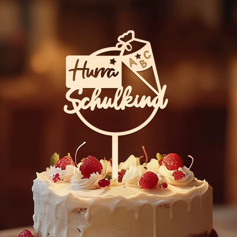 YOMDID Hurra Schulkind Kuchenaufsatz aus Holz in Braun für den Schulanfang und die Partydekoration - Bild 2