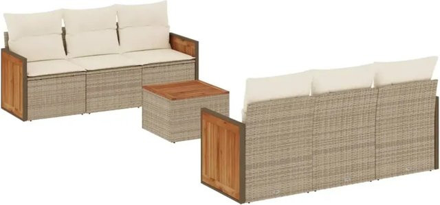 vidaXL 7-teilige Garten-Sofagarnitur aus Poly-Rattan und Akazienholz in Beige-Creme mit Kissen - Bild 1