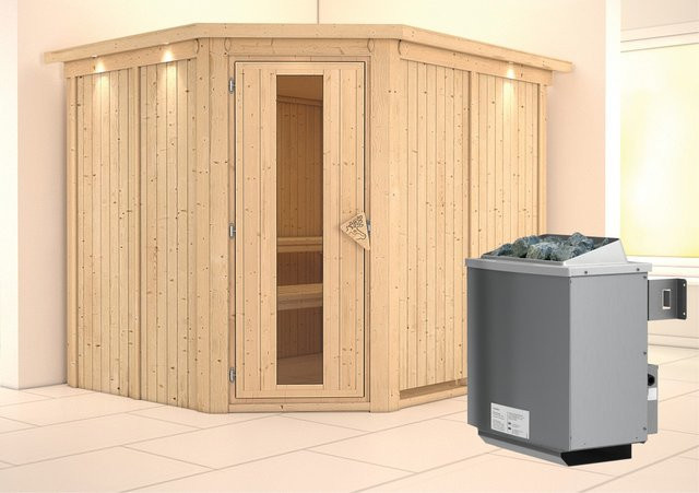 Karibu Sauna MALIN aus Fichte und Espe in Braun mit 9.0 kW Ofen, integrierter Steuerung, LED-Dachkranz und Energiespartür, B/T/H: 231 x 196 x 202 cm - Bild 1