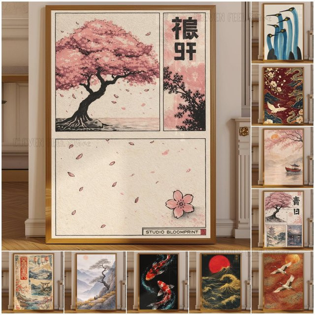 YITONGKE Kirschblüten-Poster mit japanischem Sakura-Baum als minimalistische Wandkunst in Pink - Bild 1