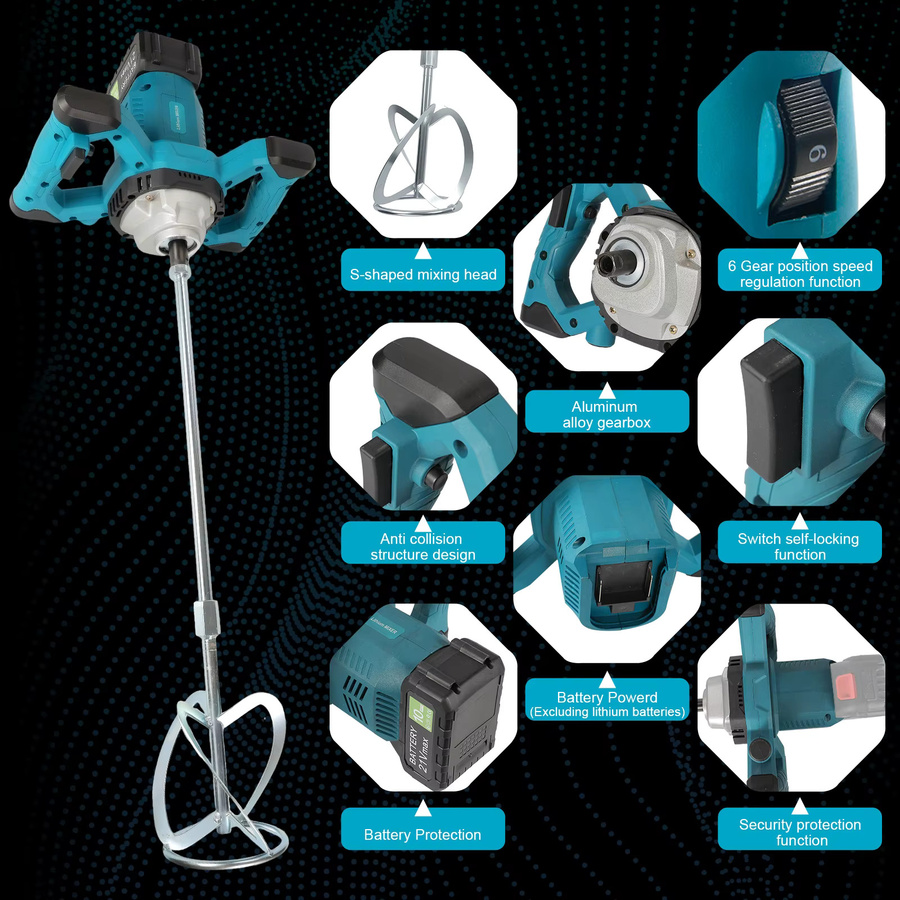 Bürstloser elektrischer Betonmischer in Blau mit 6 Gängen, kabellos für Zement, Mörtel und Putz, kompatibel mit Makita 21V Akku, B/T/H: 80,5 x 32,0 cm - Bild 3
