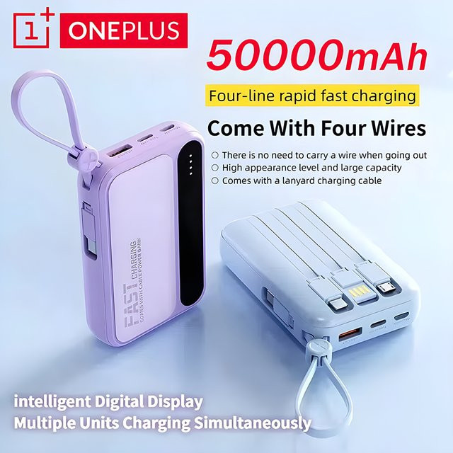 OnePlus Powerbank mit 10000 mAh und 4 integrierten Kabeln für schnelles Laden, erhältlich in Weiß oder Lila - Bild 1