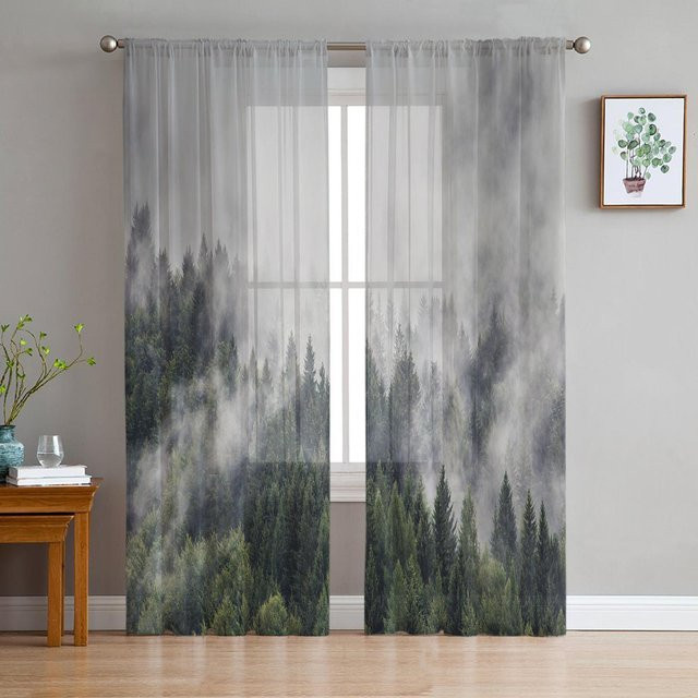 Transparenter Chiffon-Tüllvorhang Super Six mit Wald- und Nebel-Motiv, Breite: 135 cm, Höhe: 183 cm - Bild 1