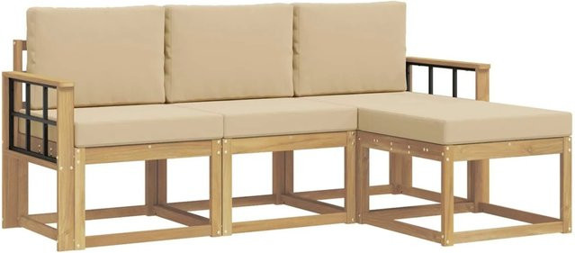 vidaXL Outdoor-Sofagarnitur 4-teilig aus Akazienholz in Beige und Weiß mit L-Form und Polstern - Bild 1