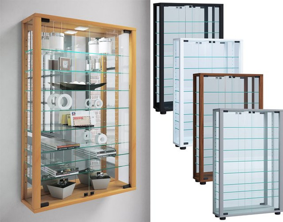 VCM Vitrosa Mini Hängevitrine mit Spiegel und ESG-Sicherheitsglas in Nussbaum, H x B x T: 91 x 59 x 18 cm