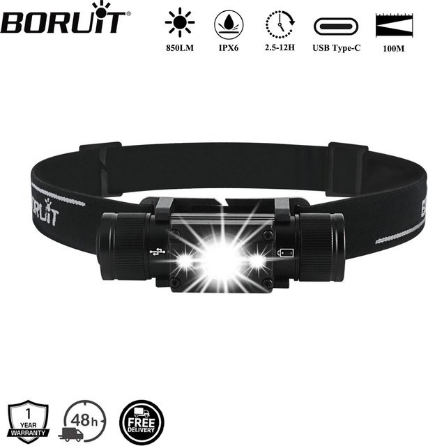BORUiT HP300 LED-Stirnlampe in Schwarz mit 850 lm, wiederaufladbarer Scheinwerfer mit USB-C-Anschluss und wasserdichtem Design für Camping und Arbeit - Bild 1