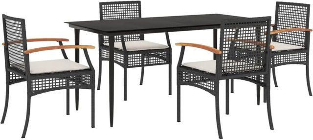 vidaXL 5-teilige Garten-Essgruppe aus Poly Rattan und Akazienholz mit Glasplatte und Kissen in Schwarz und Cremeweiß - Bild 1